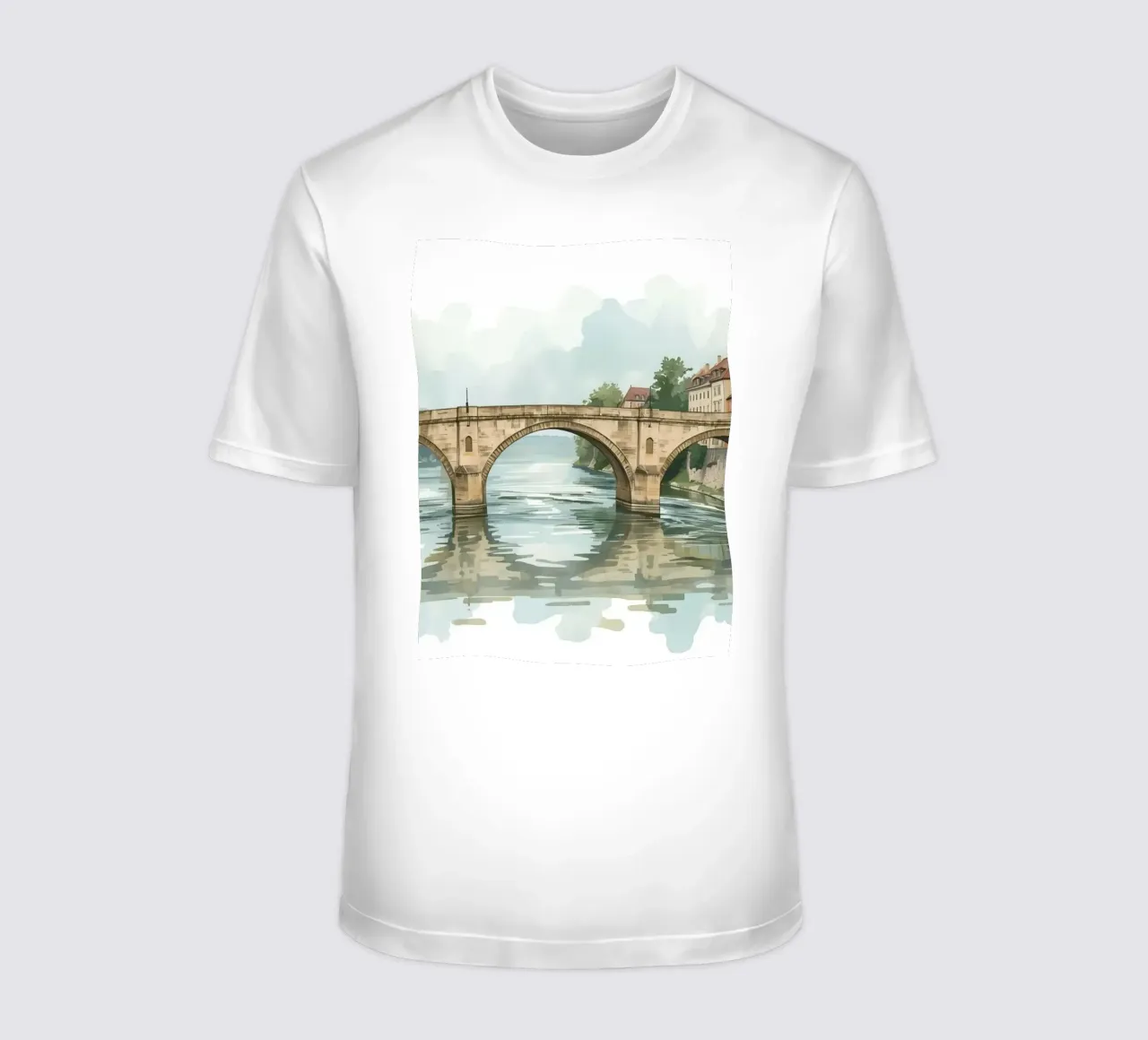 Ponte di pietra sul fiume con edifici e alberi t-shirt da DesignDoodle