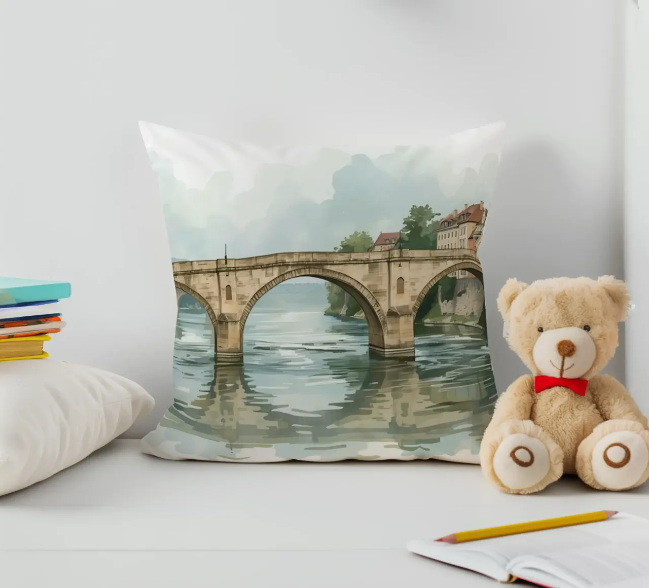 Ponte di pietra sul fiume con edifici e alberi cuscino da DesignDoodle