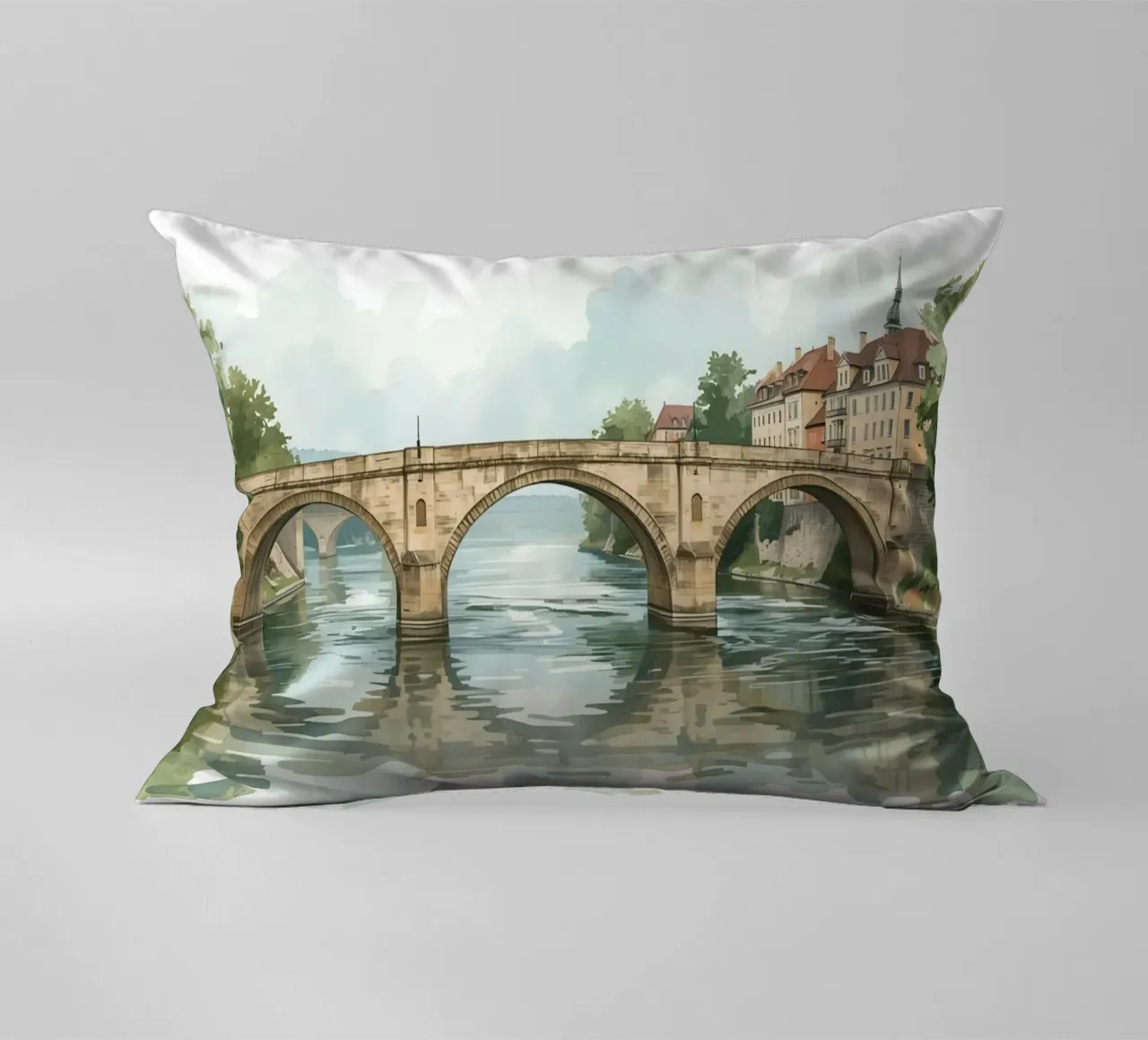 Ponte di pietra sul fiume con edifici e alberi cuscino da DesignDoodle