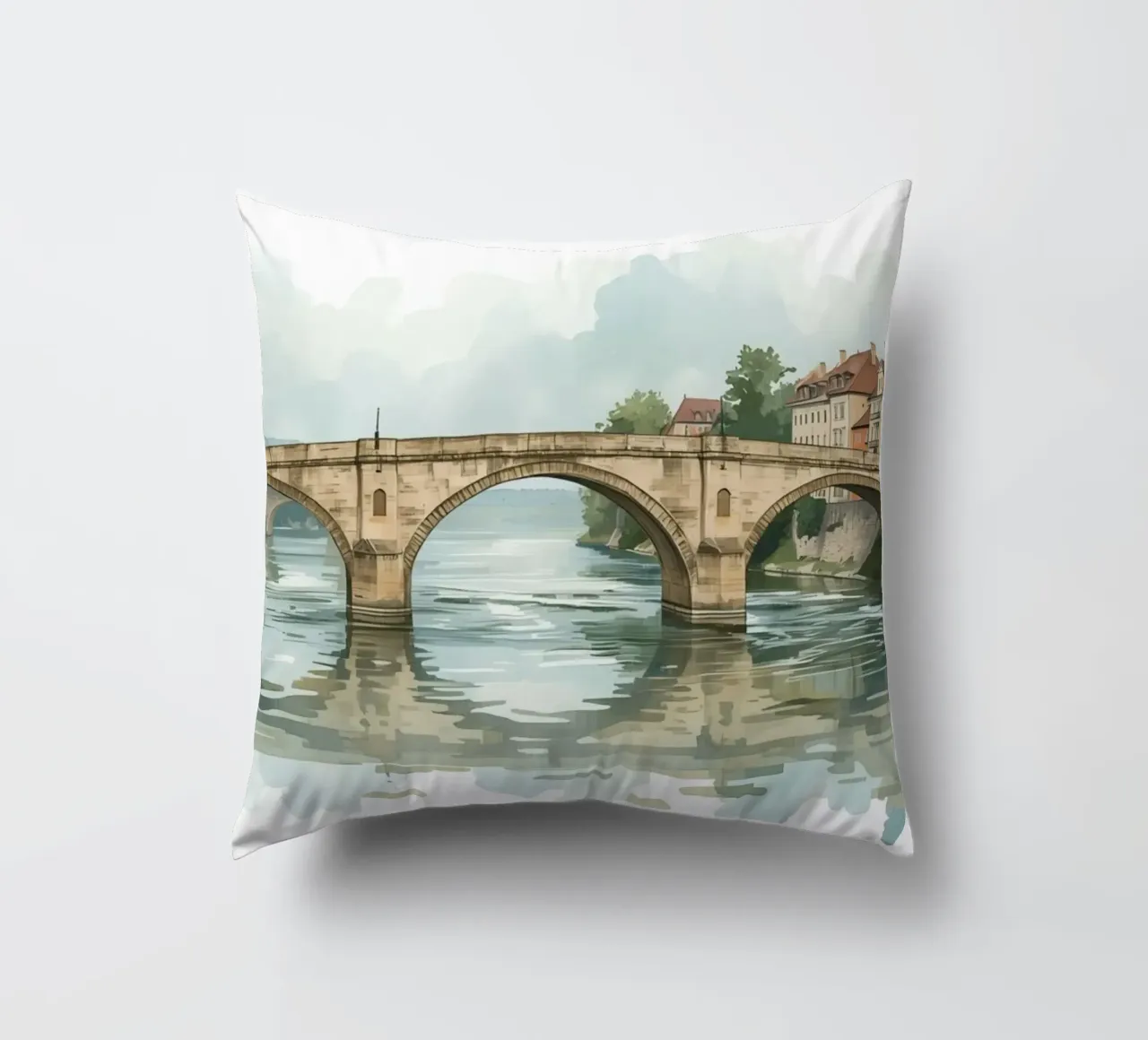 Ponte di pietra sul fiume con edifici e alberi cuscino da DesignDoodle
