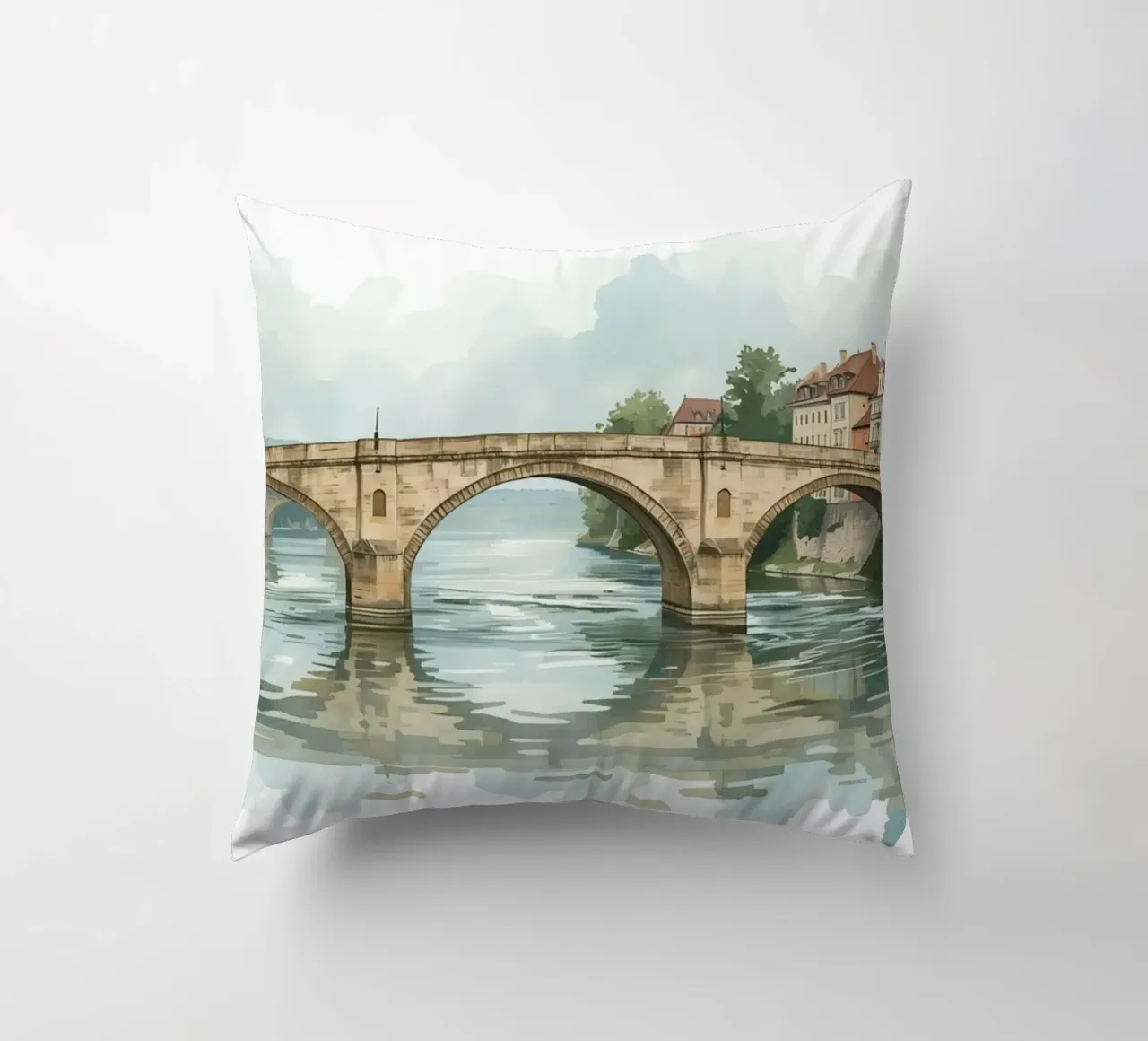 Ponte di pietra sul fiume con edifici e alberi cuscino da DesignDoodle