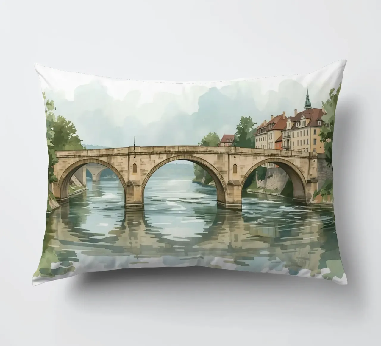 Ponte di pietra sul fiume con edifici e alberi cuscino da DesignDoodle