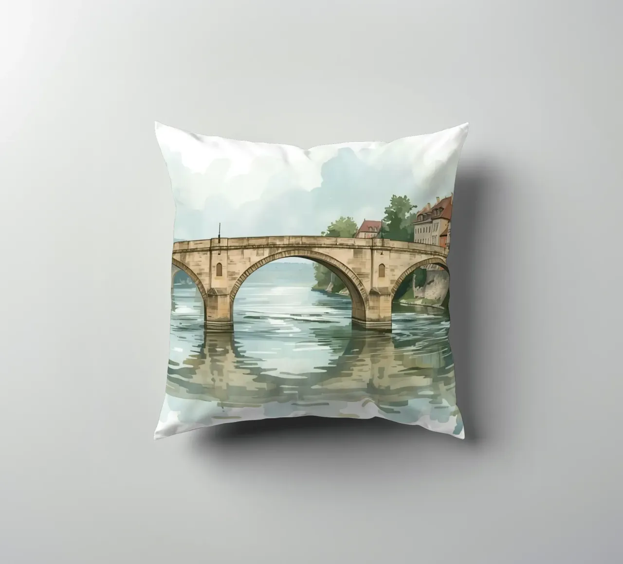 Ponte di pietra sul fiume con edifici e alberi cuscino da DesignDoodle