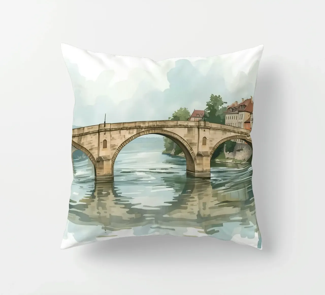 Ponte di pietra sul fiume con edifici e alberi cuscino da DesignDoodle