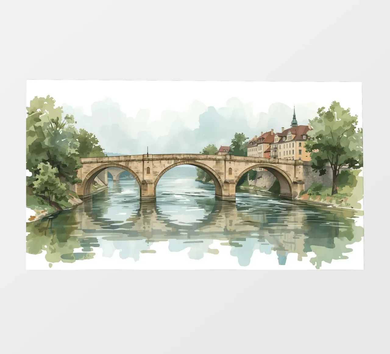 Ponte di pietra sul fiume con edifici e alberi pellicola backlit da DesignDoodle