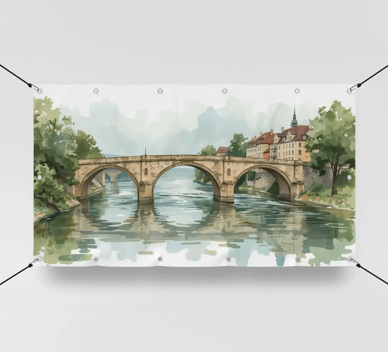Ponte di pietra sul fiume con edifici e alberi telo in pvc da DesignDoodle