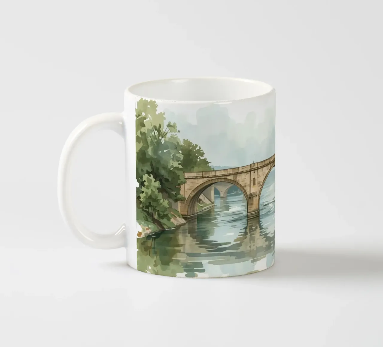 Ponte di pietra sul fiume con edifici e alberi tazza in ceramica da DesignDoodle