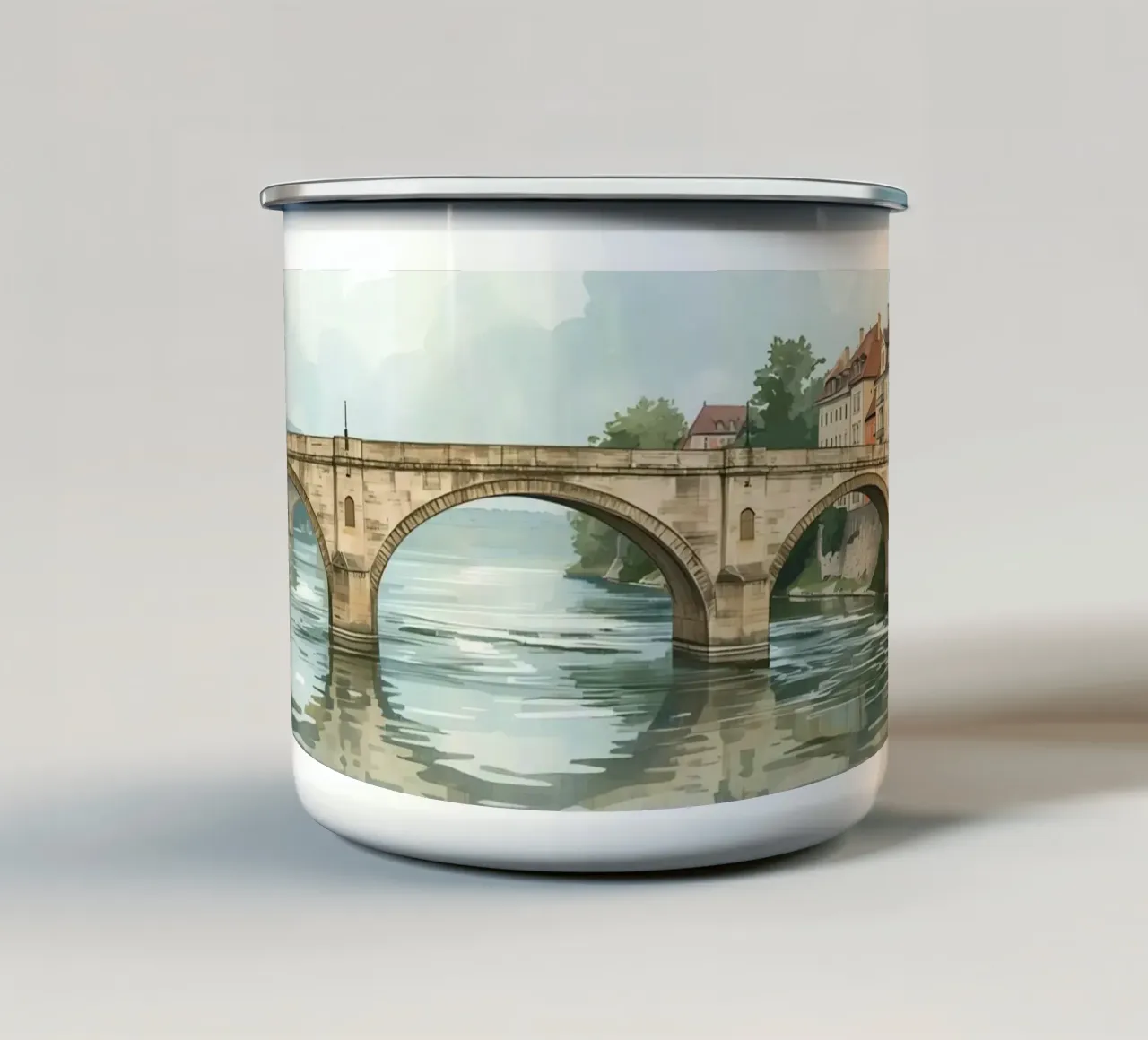 Ponte di pietra sul fiume con edifici e alberi tazza in smalto da DesignDoodle