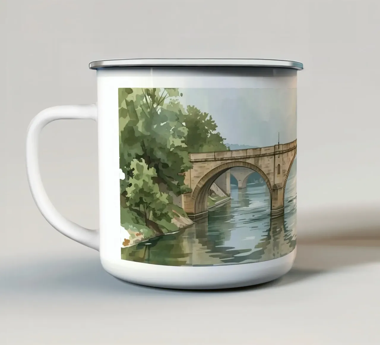 Ponte di pietra sul fiume con edifici e alberi tazza in smalto da DesignDoodle