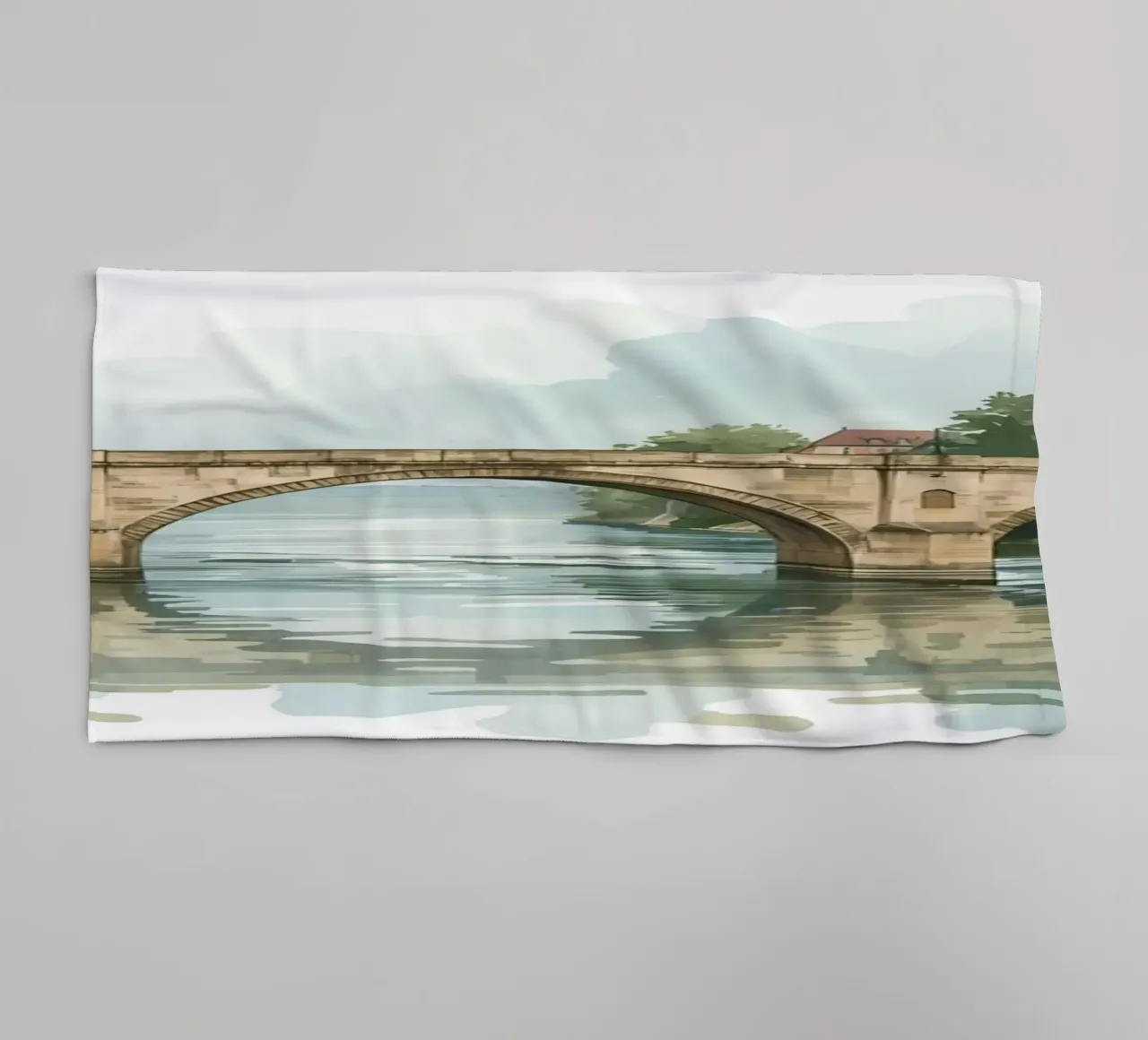 Stone Bridge Over River with Buildings and Trees towel by DesignDoodle