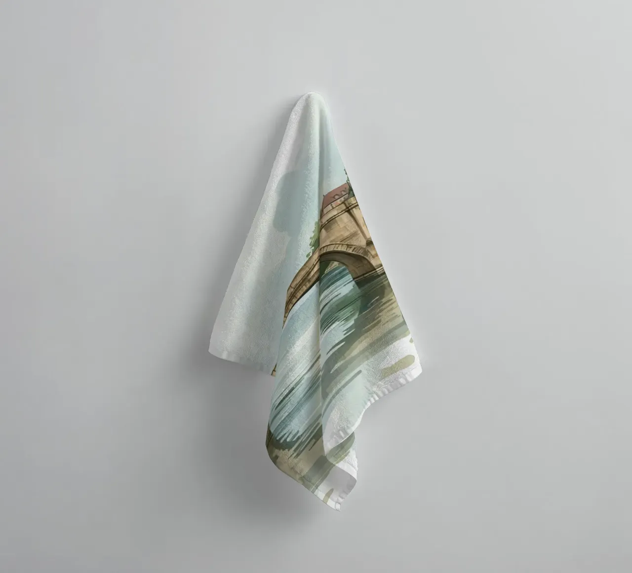 Stone Bridge Over River with Buildings and Trees towel by DesignDoodle