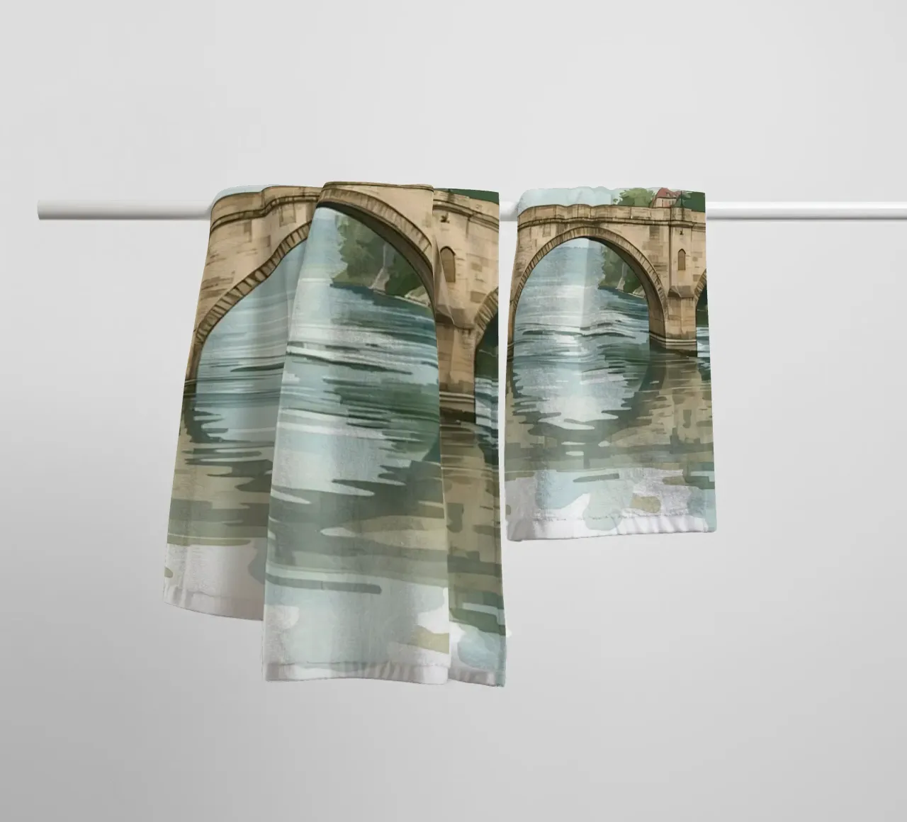 Stone Bridge Over River with Buildings and Trees towel by DesignDoodle