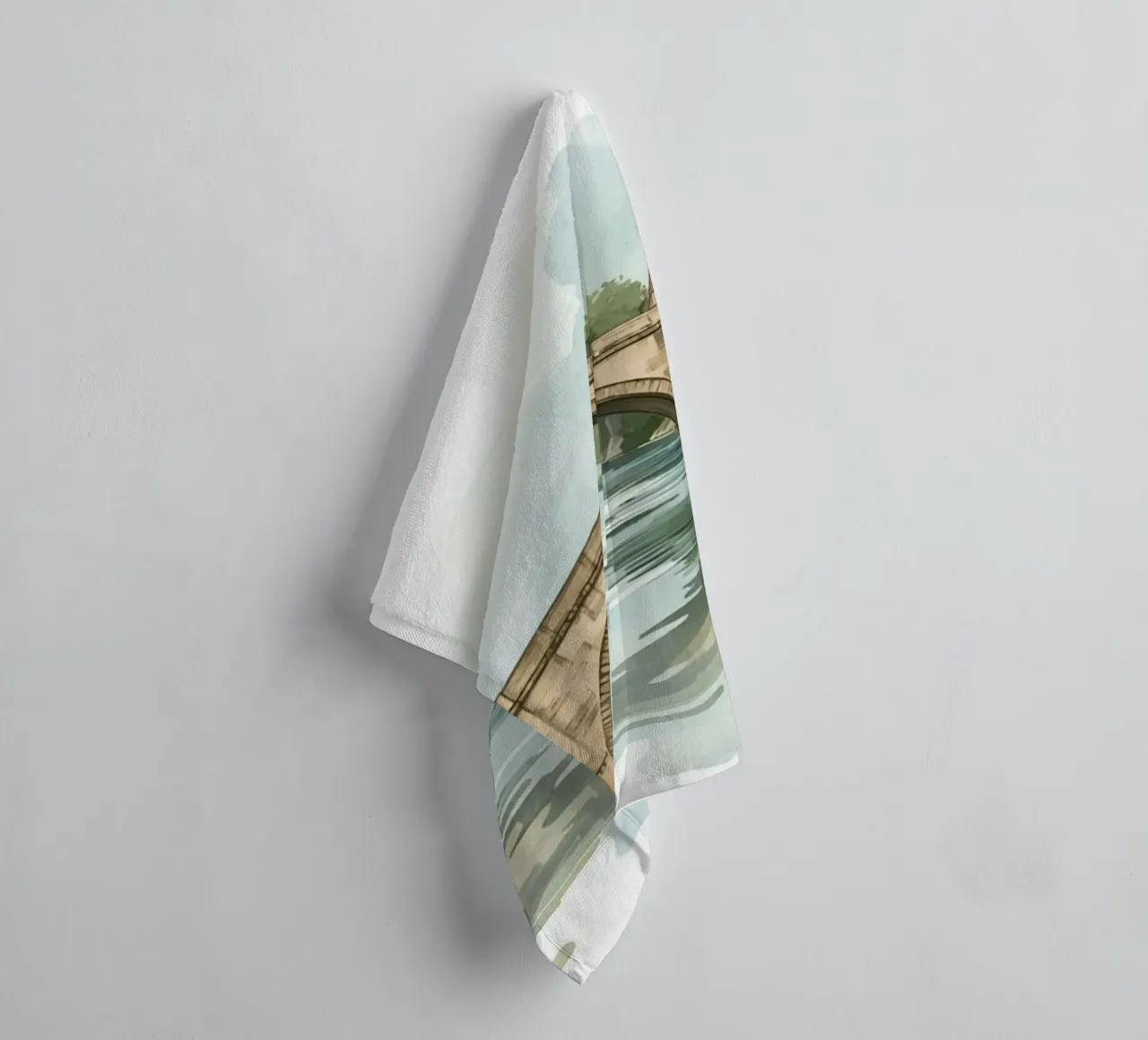 Stone Bridge Over River with Buildings and Trees towel by DesignDoodle