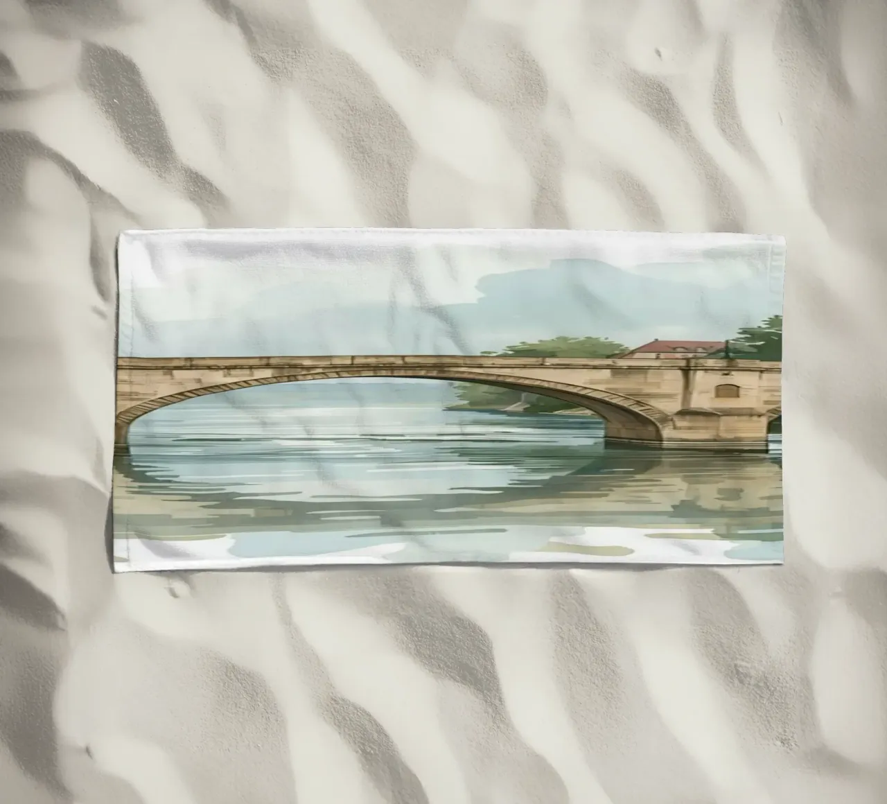 Ponte di pietra sul fiume con edifici e alberi telo mare da DesignDoodle