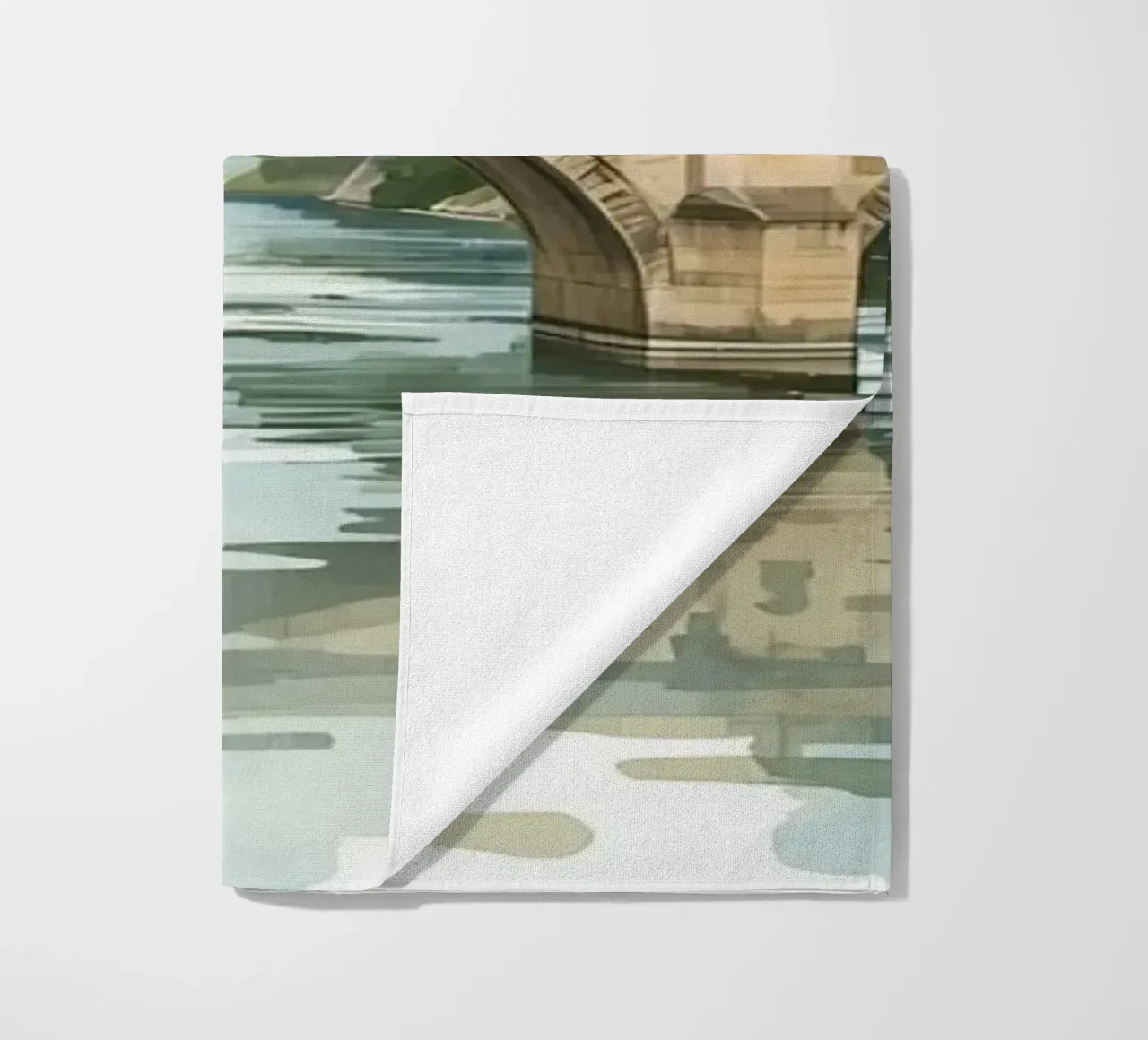 Ponte di pietra sul fiume con edifici e alberi telo mare da DesignDoodle