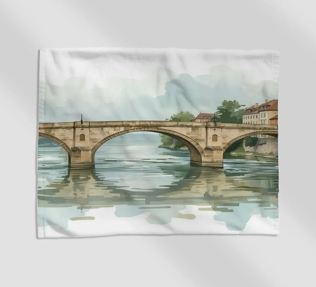 Ponte di pietra sul fiume con edifici e alberi telo mare da DesignDoodle