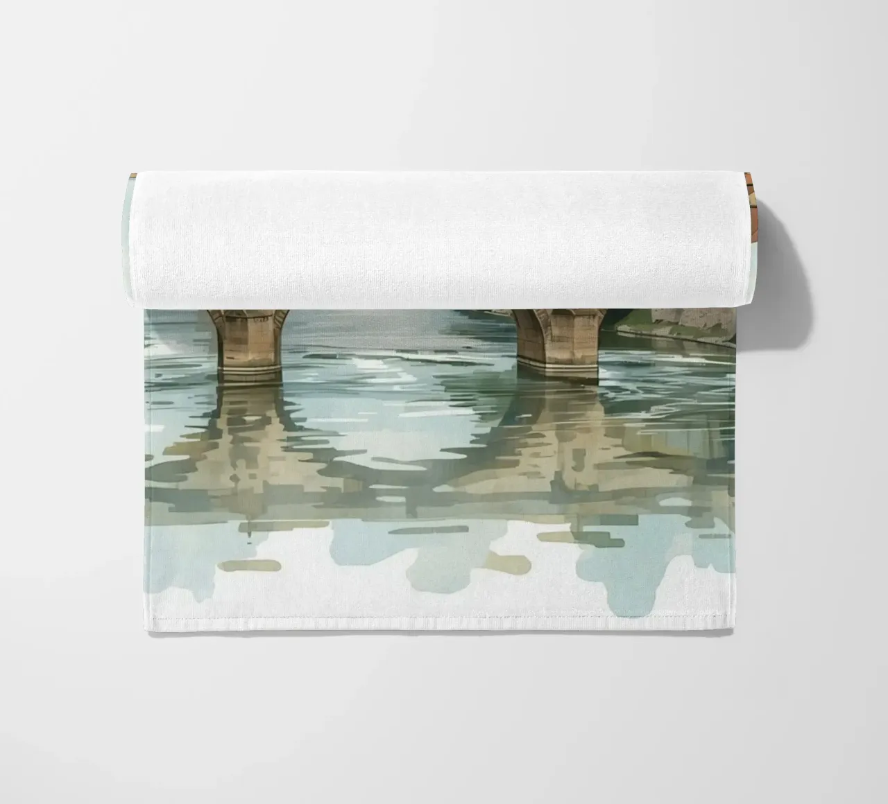 Ponte di pietra sul fiume con edifici e alberi telo mare da DesignDoodle