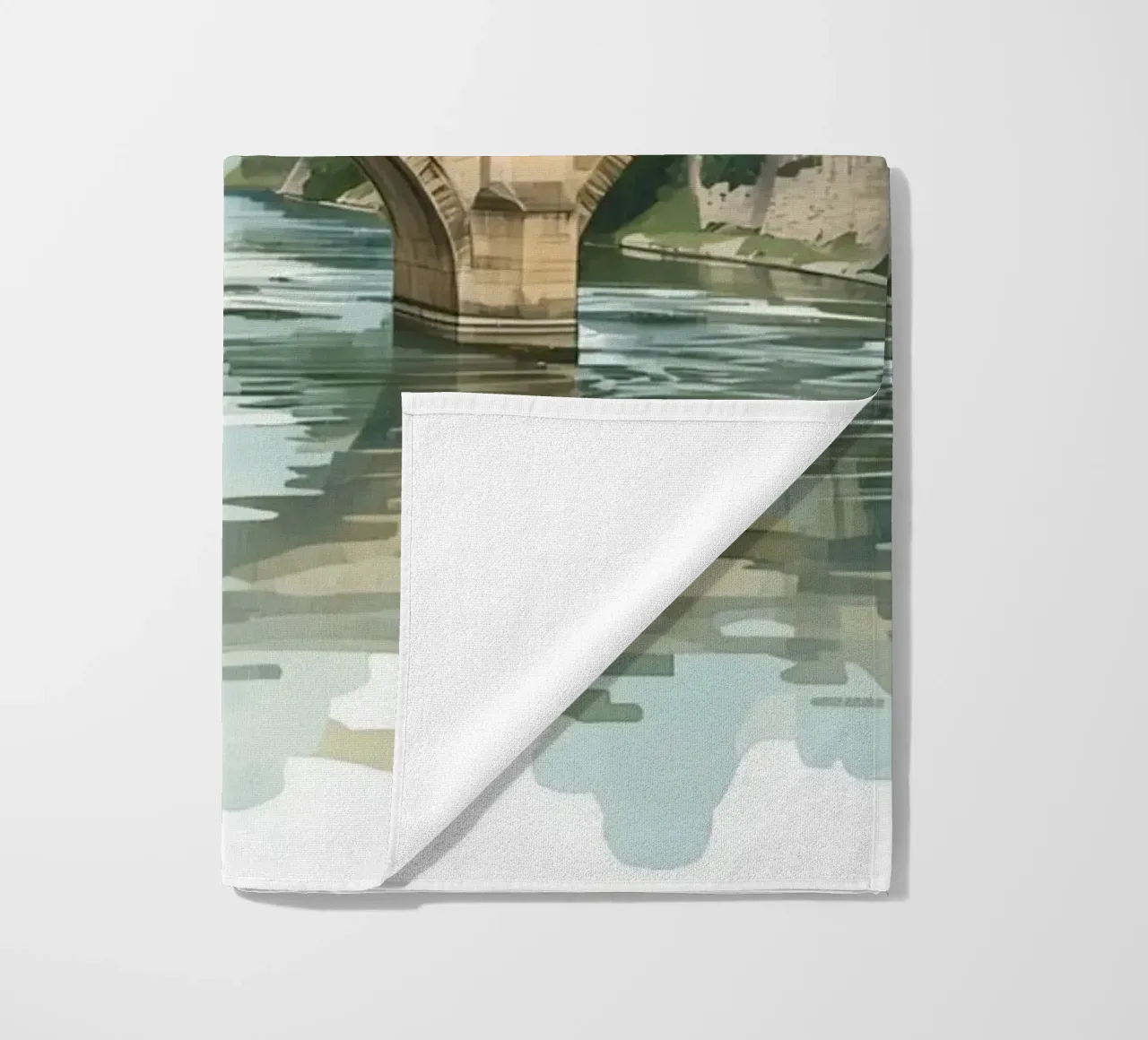 Ponte di pietra sul fiume con edifici e alberi telo mare da DesignDoodle