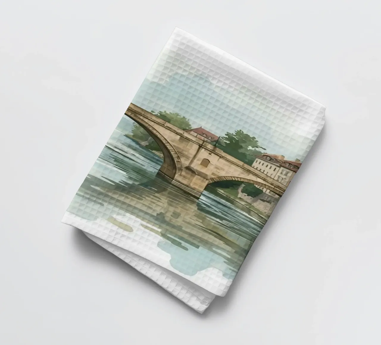 Ponte di pietra sul fiume con edifici e alberi canovaccio da cucina da DesignDoodle