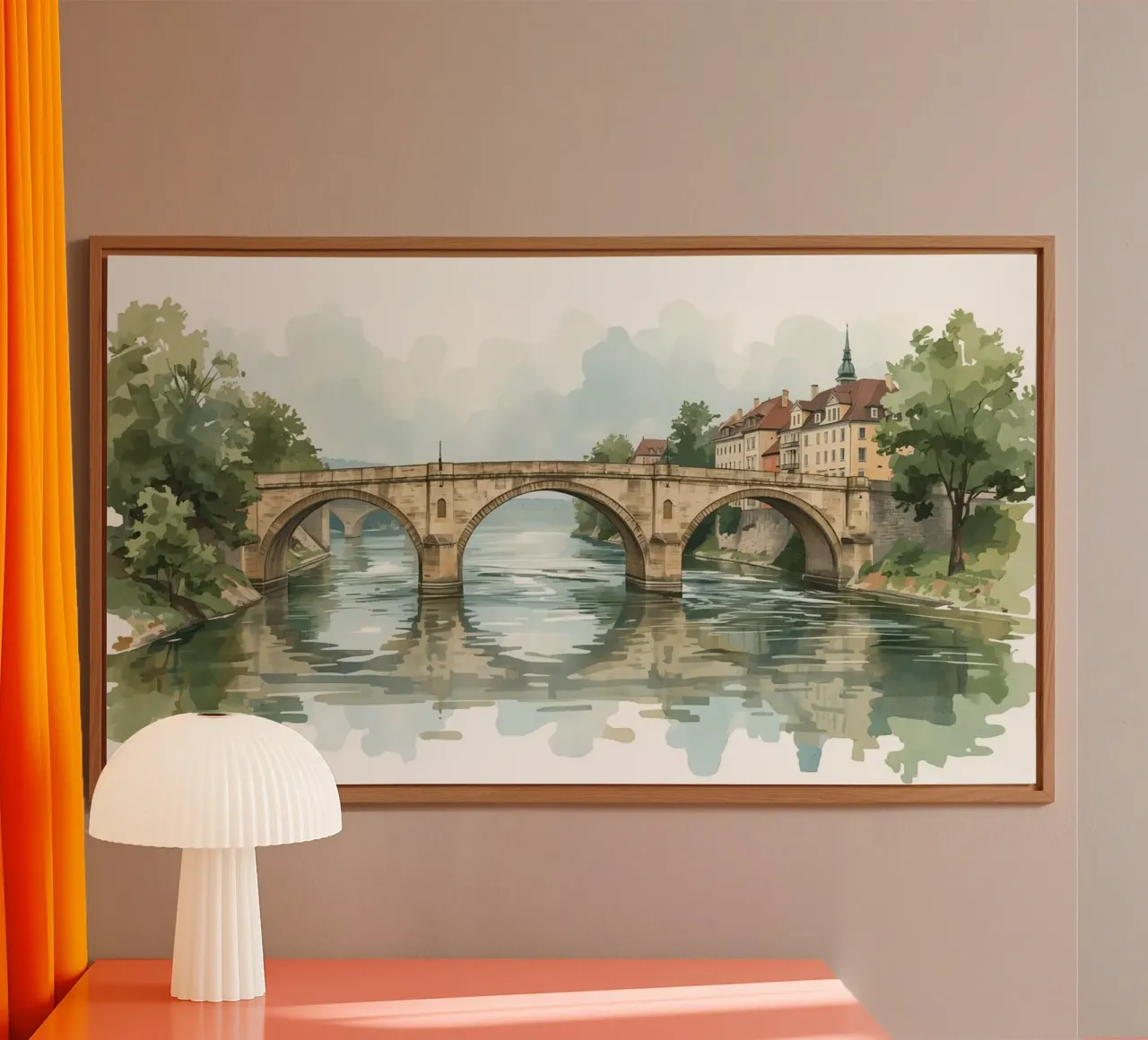 Ponte di pietra sul fiume con edifici e alberi alluminio dibond da DesignDoodle