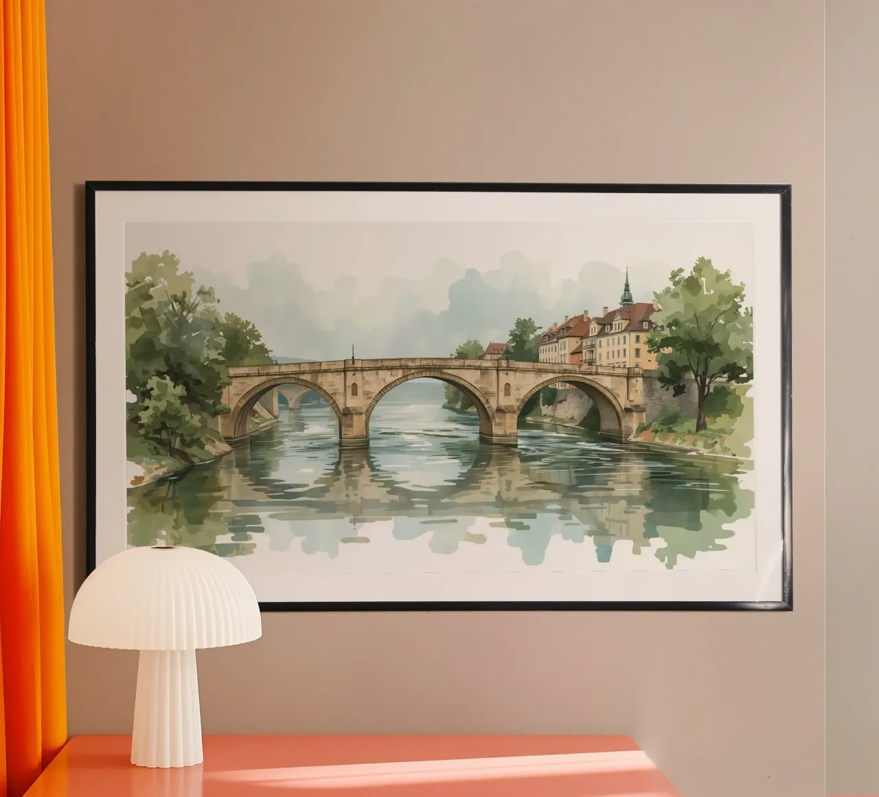 Ponte di pietra sul fiume con edifici e alberi carta hahnemühle da DesignDoodle