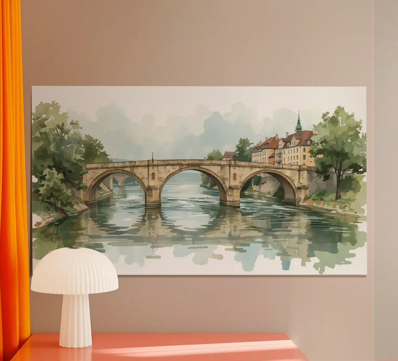 Ponte di pietra sul fiume con edifici e alberi carta hahnemühle da DesignDoodle