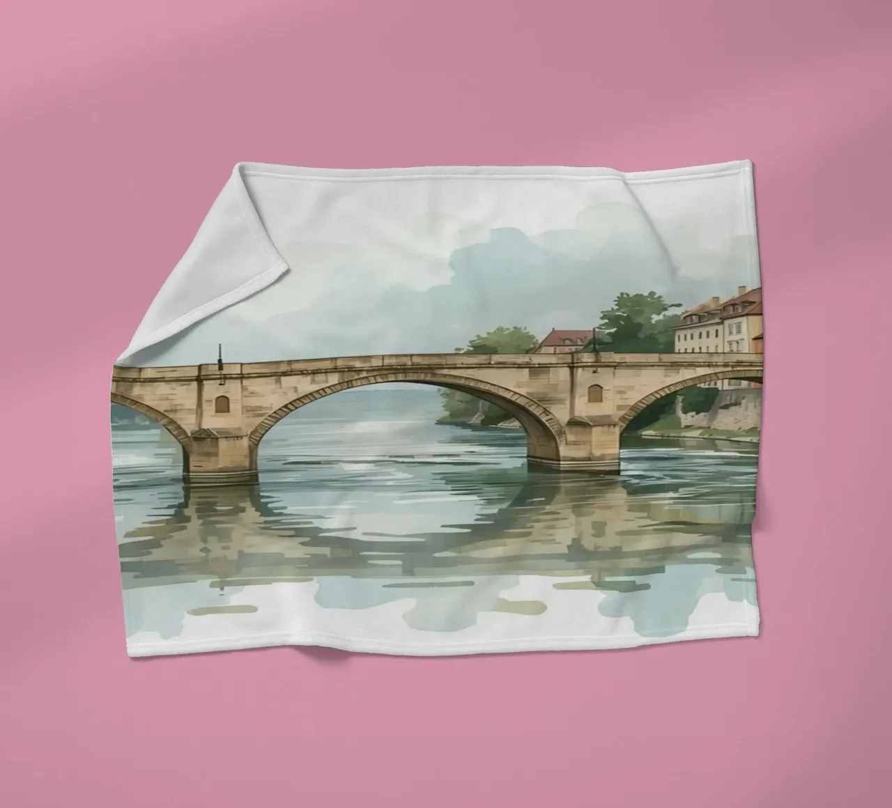 Ponte di pietra sul fiume con edifici e alberi coperta in pile da DesignDoodle