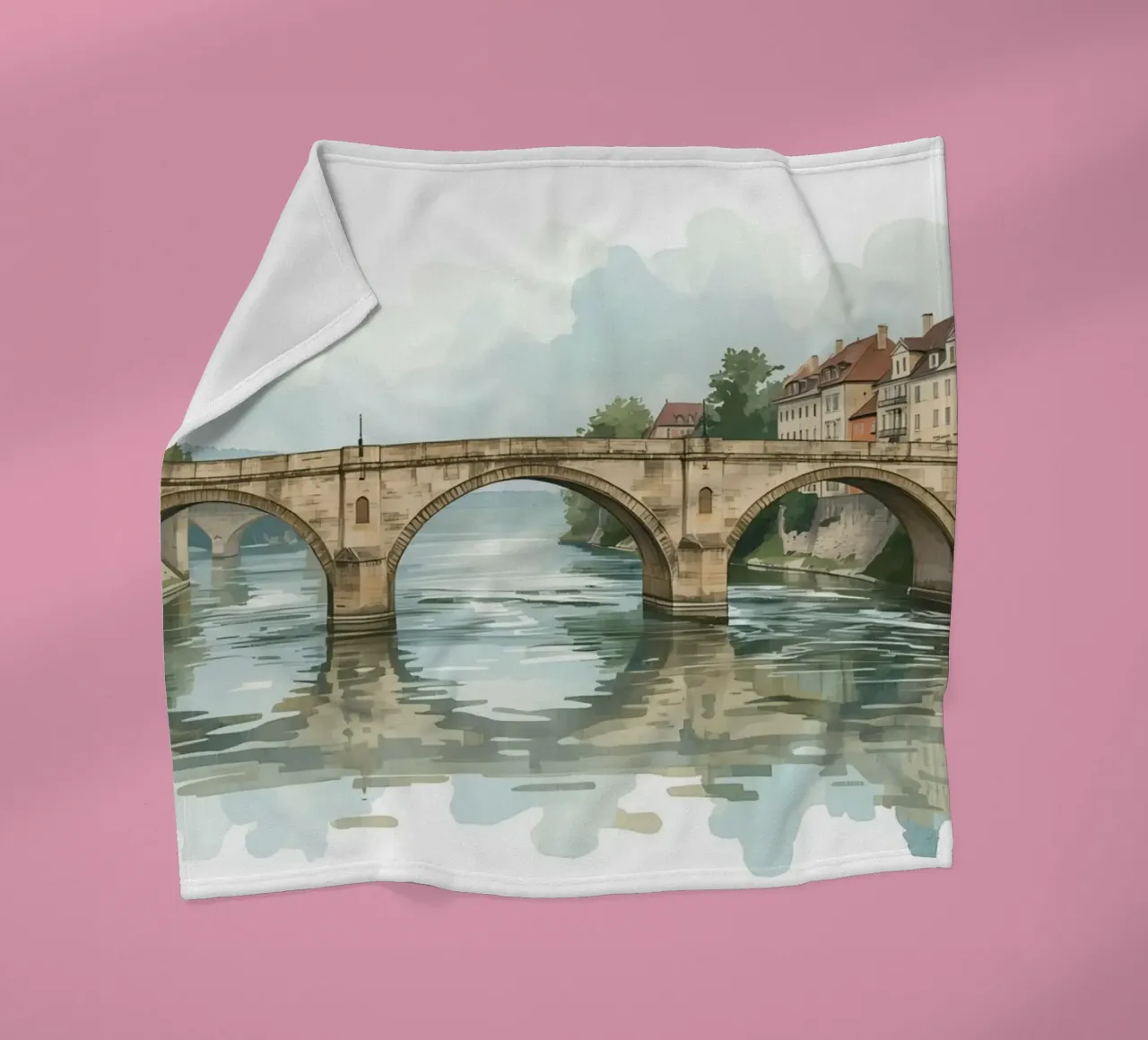 Ponte di pietra sul fiume con edifici e alberi coperta in pile da DesignDoodle