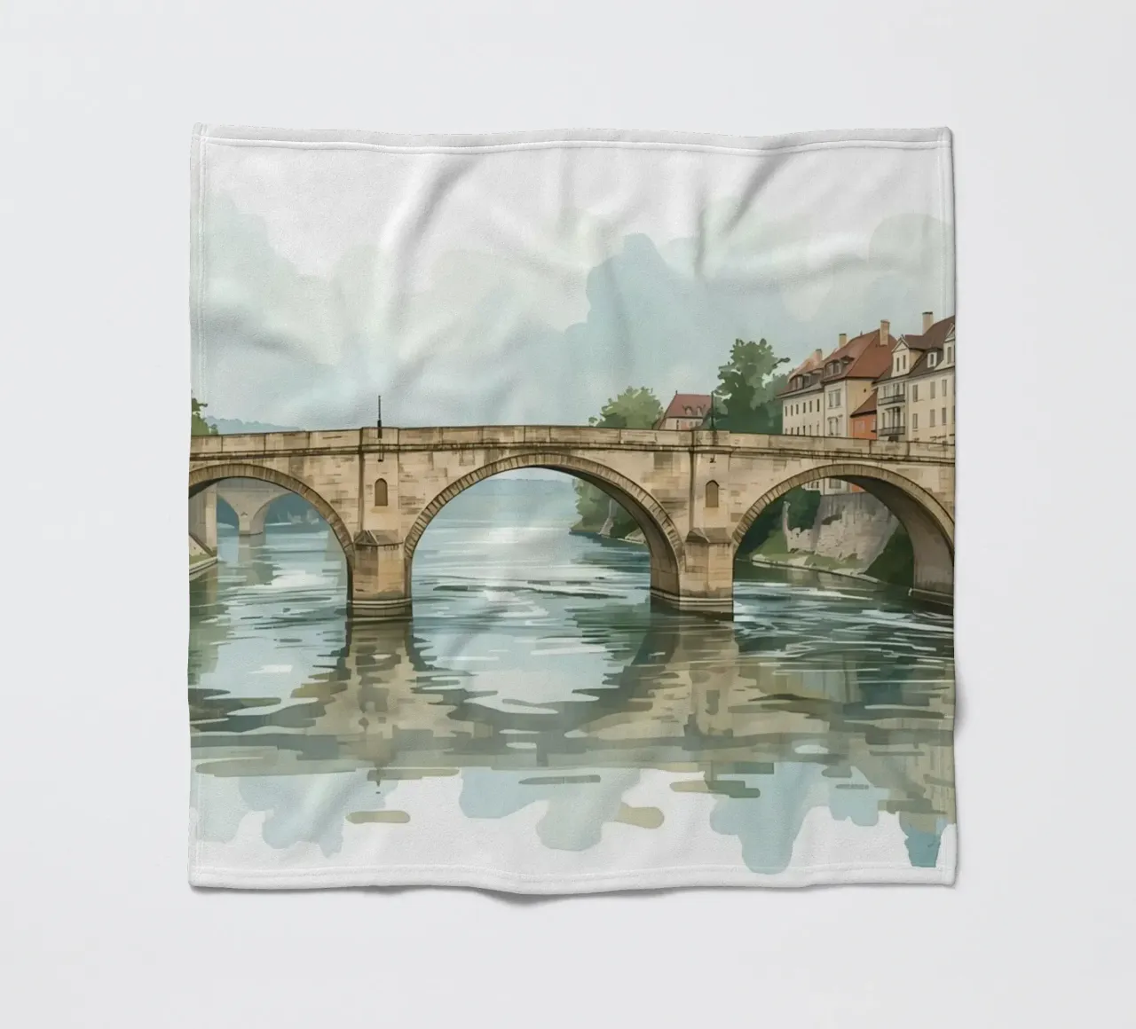 Ponte di pietra sul fiume con edifici e alberi coperta in pile da DesignDoodle