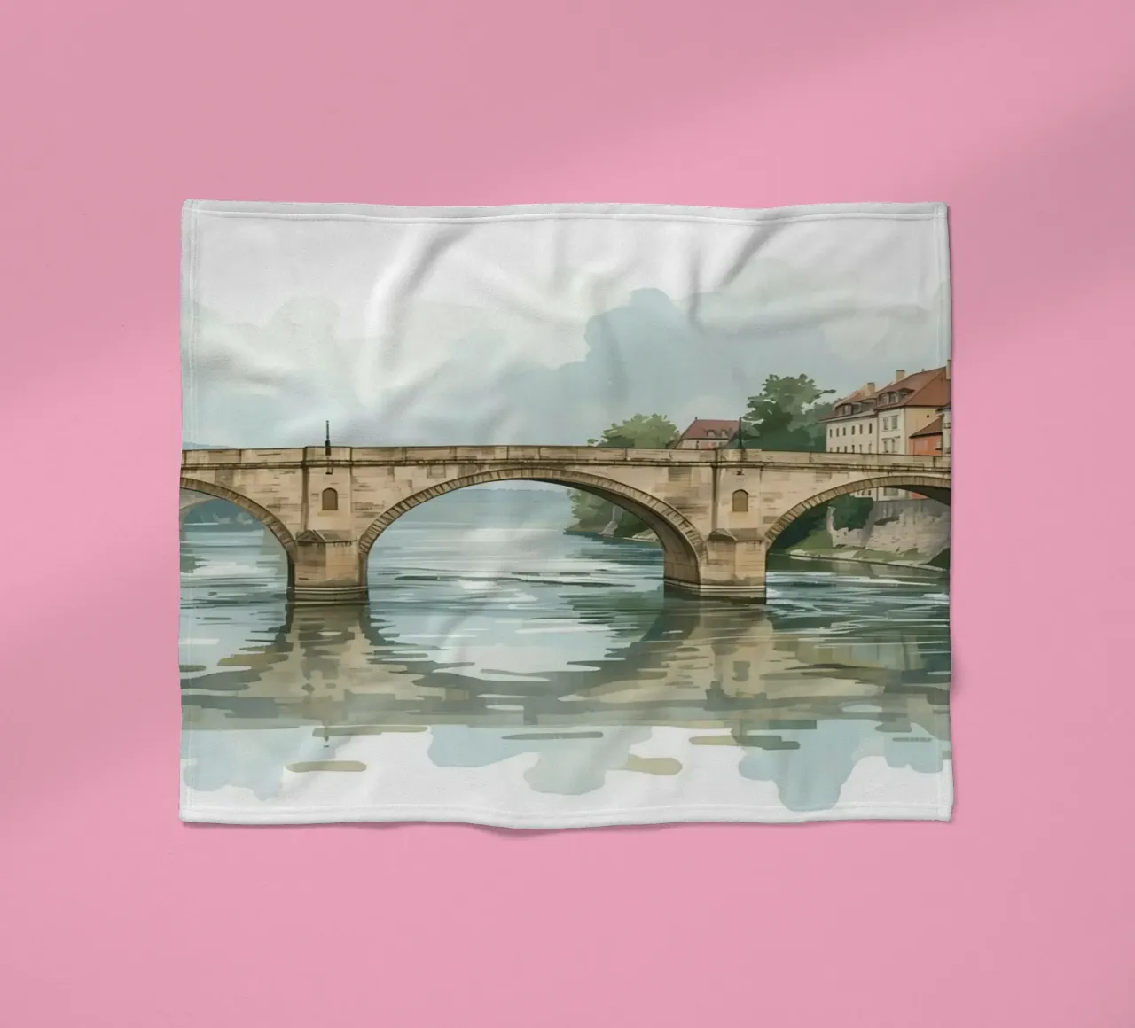 Ponte di pietra sul fiume con edifici e alberi coperta in pile da DesignDoodle