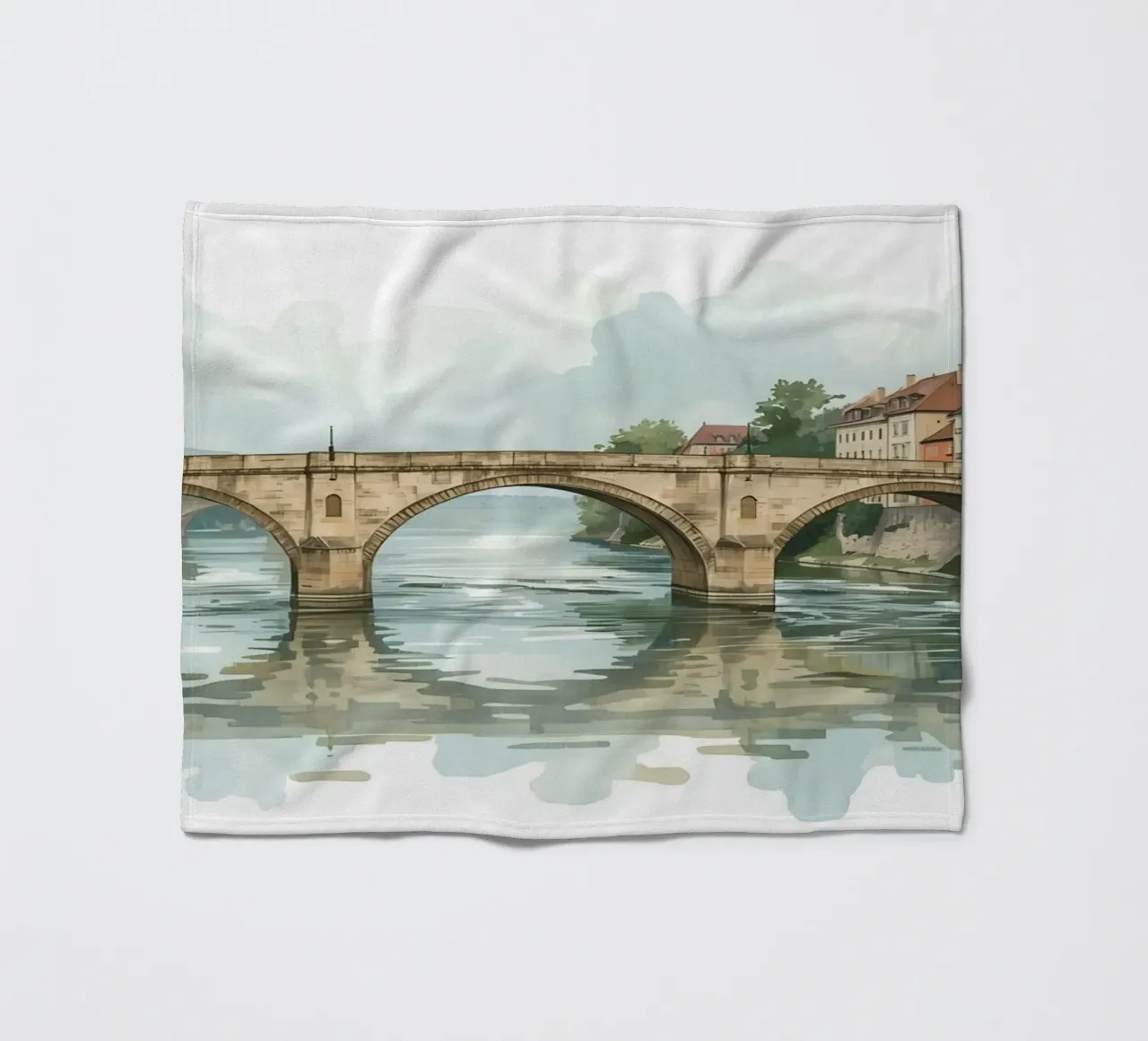 Ponte di pietra sul fiume con edifici e alberi coperta in pile da DesignDoodle