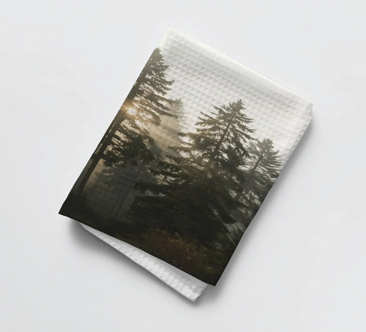 Rayons de soleil dans une forêt brumeuse à feuilles persistantes torchon de DesignDoodle