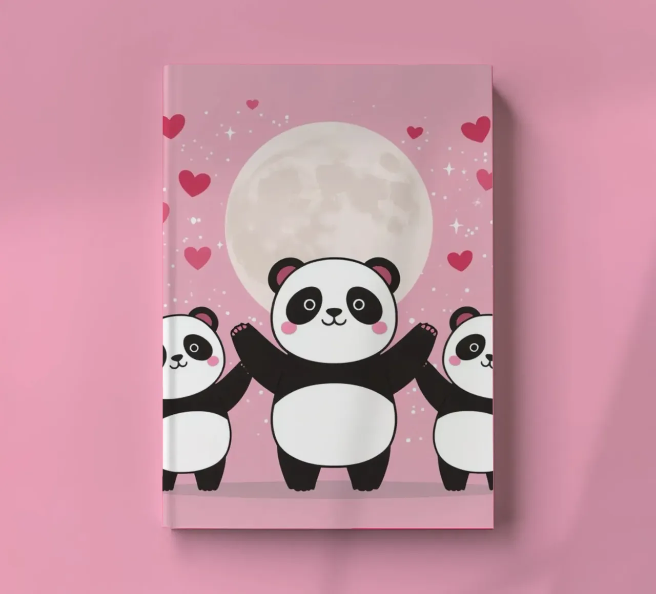 Amour mignon Trois pandas et une lune avec des cœurs carnet de notes de DesignDoodle