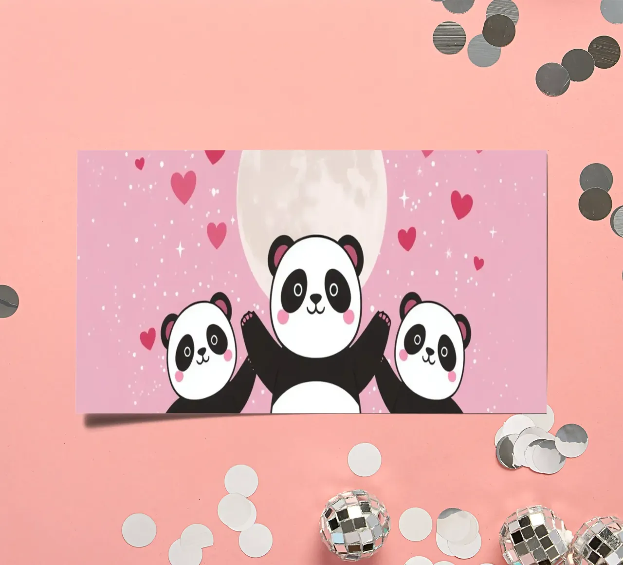 Amour mignon Trois pandas et une lune avec des cœurs planche autocollant de DesignDoodle