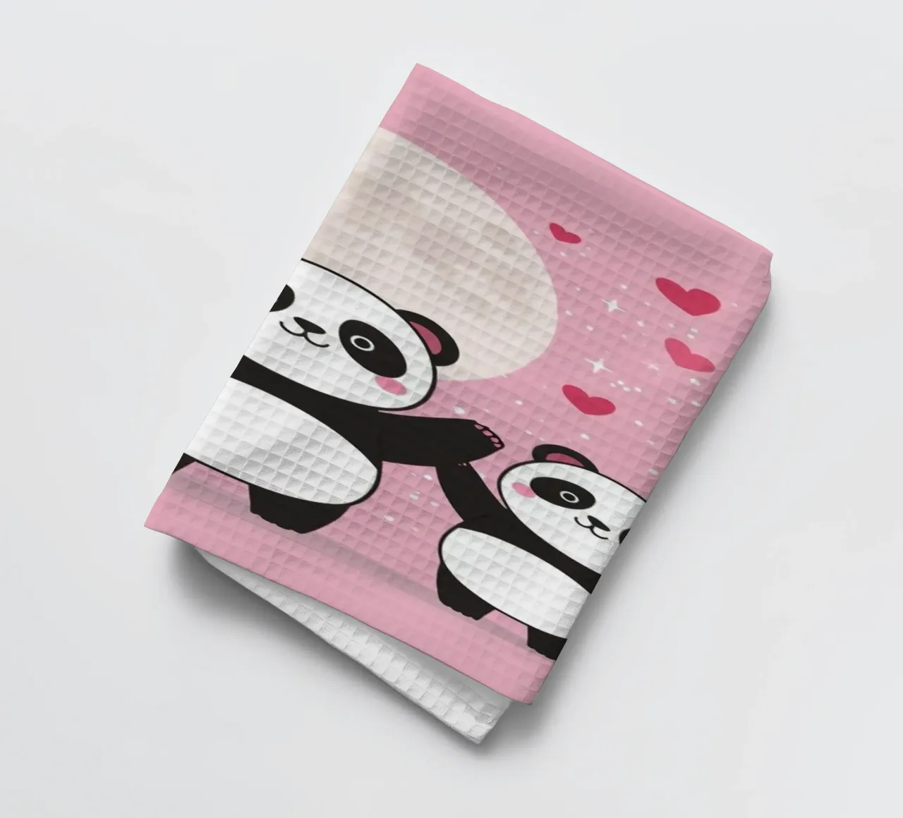 Amour mignon Trois pandas et une lune avec des cœurs torchon de DesignDoodle