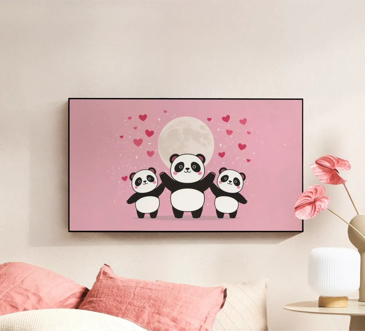 Amour mignon Trois pandas et une lune avec des cœurs plexiglas de DesignDoodle