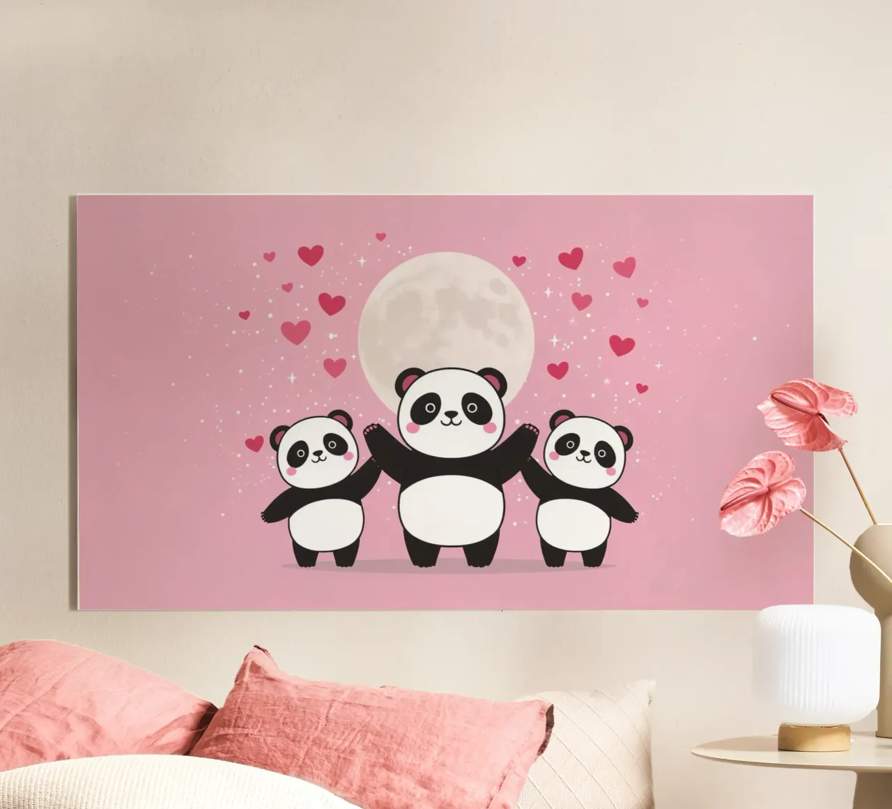 Amour mignon Trois pandas et une lune avec des cœurs plexiglas de DesignDoodle