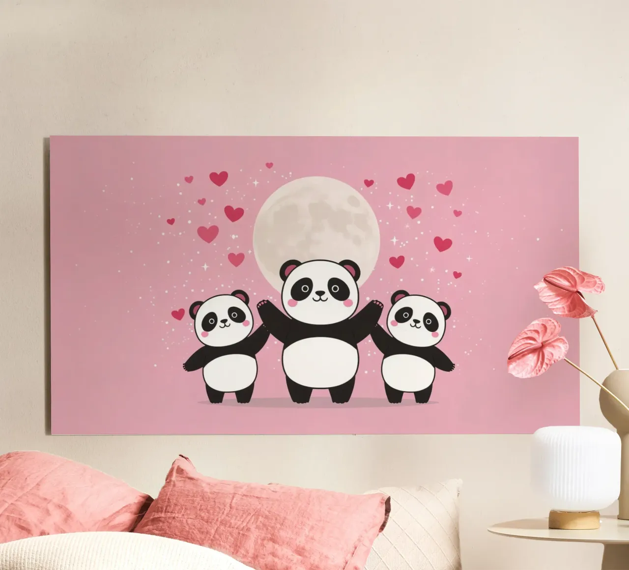 Amour mignon Trois pandas et une lune avec des cœurs alu dibond de DesignDoodle
