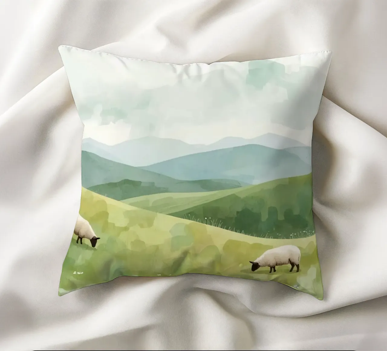 Due pecore al pascolo in un paesaggio collinare cuscino da DesignDoodle