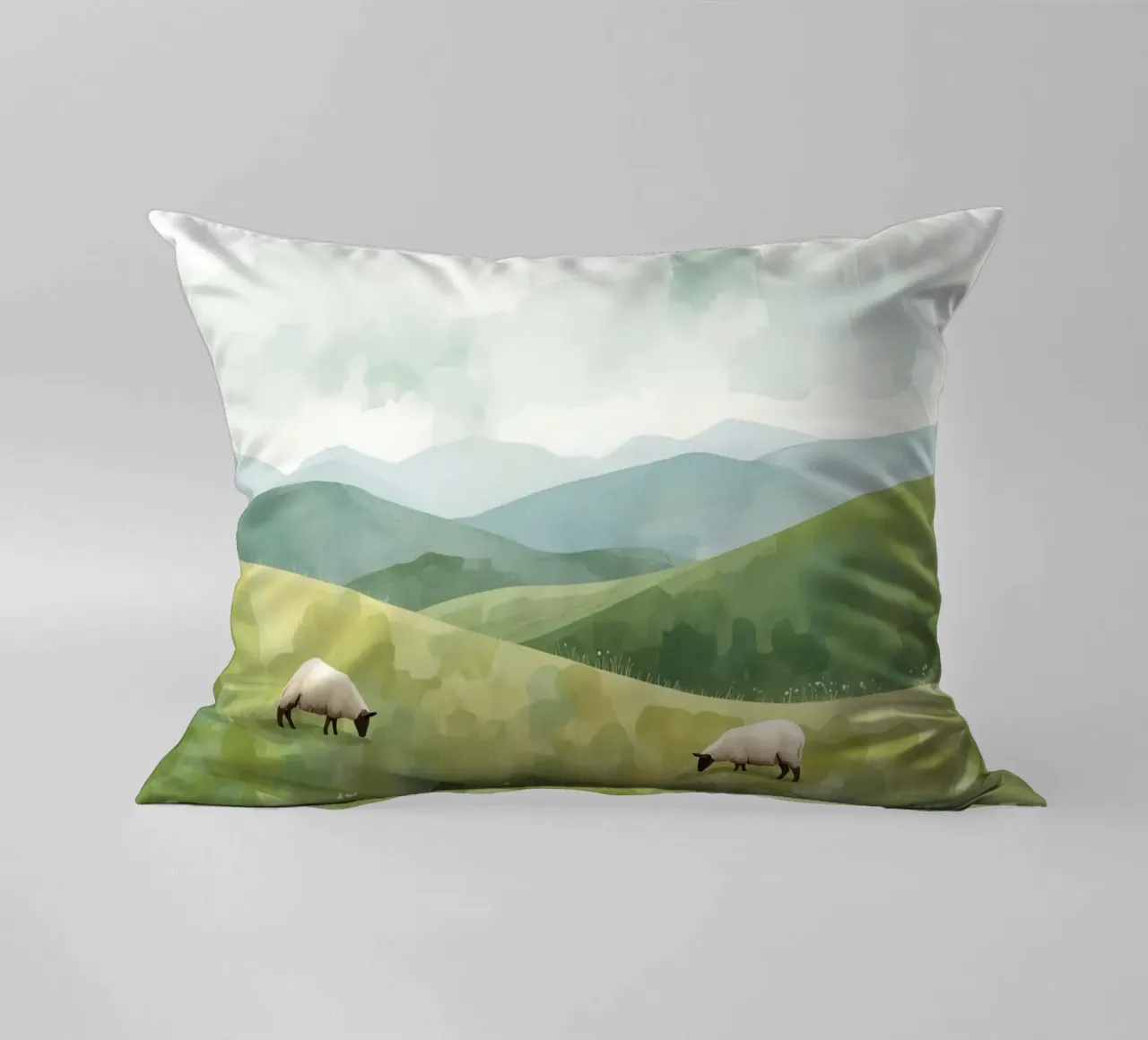 Due pecore al pascolo in un paesaggio collinare cuscino da DesignDoodle