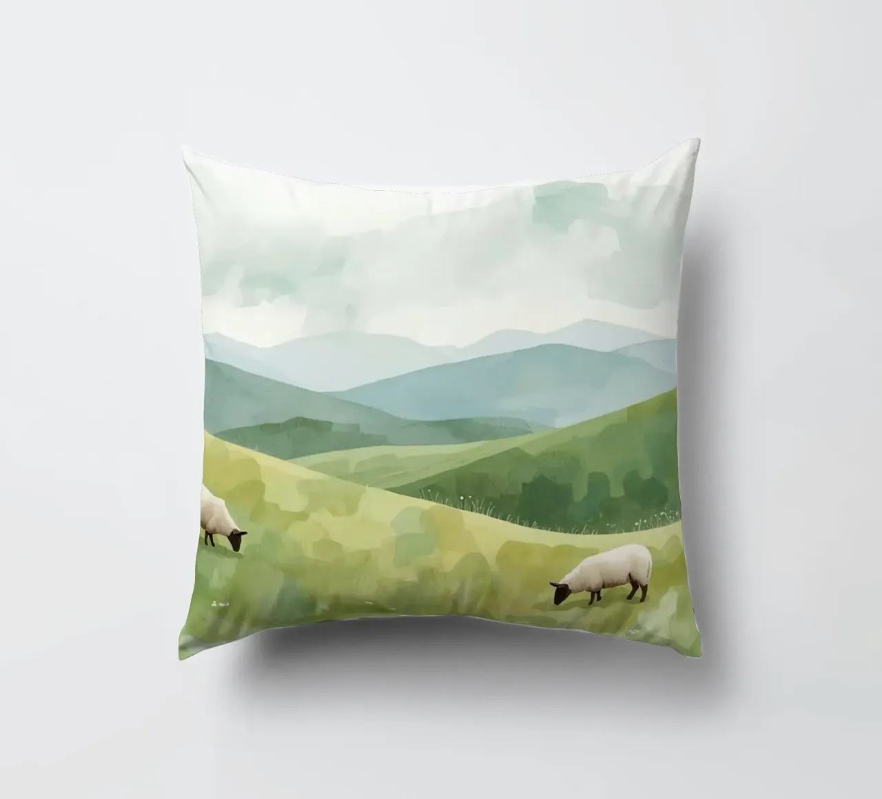 Due pecore al pascolo in un paesaggio collinare cuscino da DesignDoodle