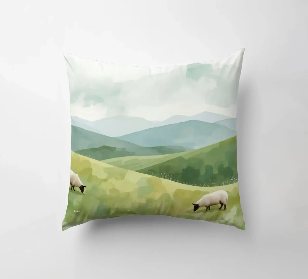 Due pecore al pascolo in un paesaggio collinare cuscino da DesignDoodle