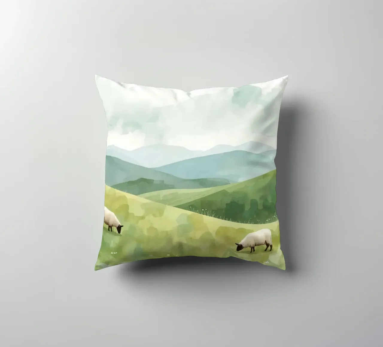Due pecore al pascolo in un paesaggio collinare cuscino da DesignDoodle