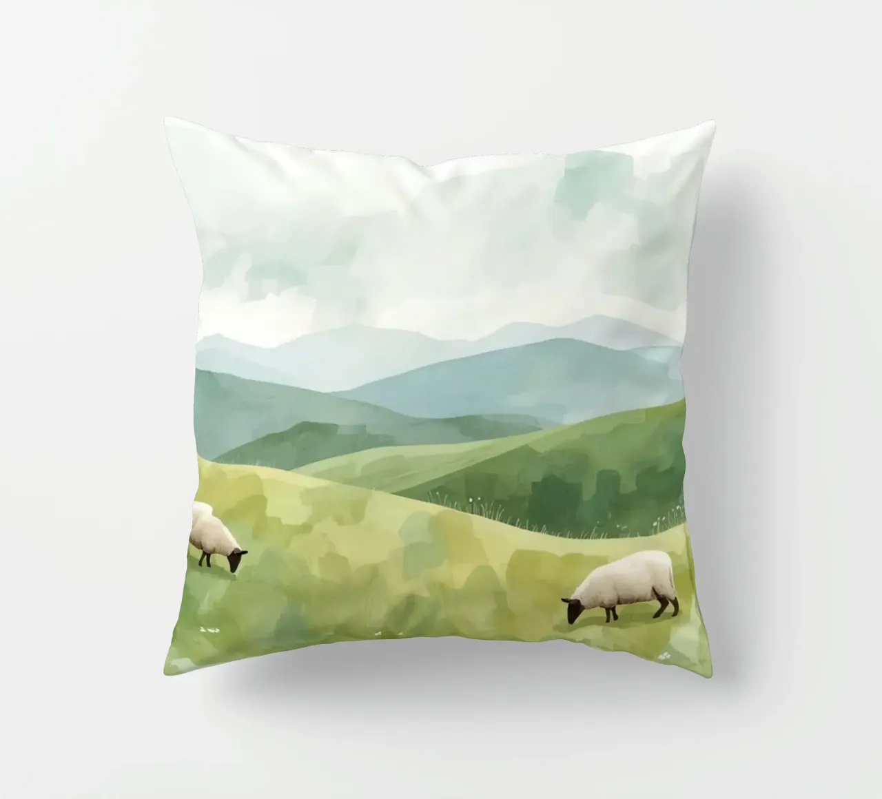 Due pecore al pascolo in un paesaggio collinare cuscino da DesignDoodle