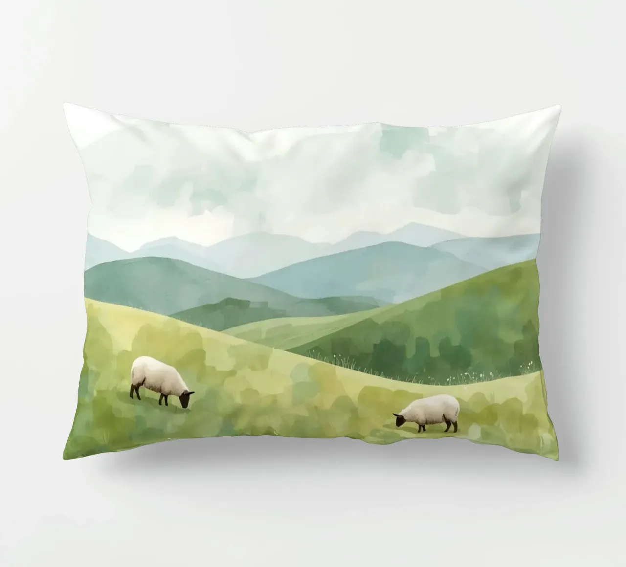 Due pecore al pascolo in un paesaggio collinare cuscino da DesignDoodle