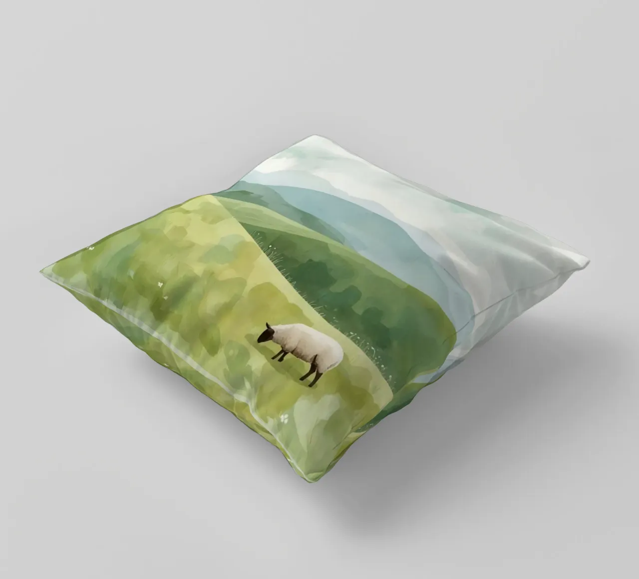 Due pecore al pascolo in un paesaggio collinare cuscino da DesignDoodle