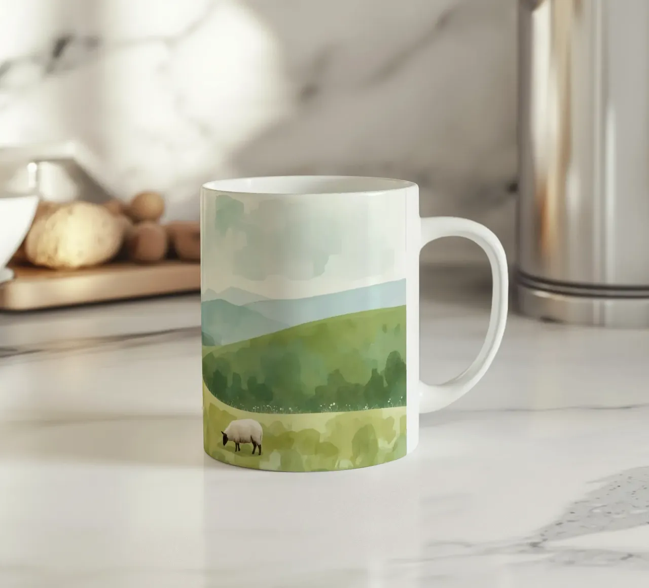 Due pecore al pascolo in un paesaggio collinare tazza in ceramica da DesignDoodle
