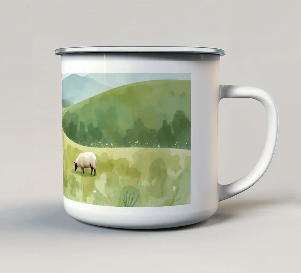 Due pecore al pascolo in un paesaggio collinare tazza in smalto da DesignDoodle