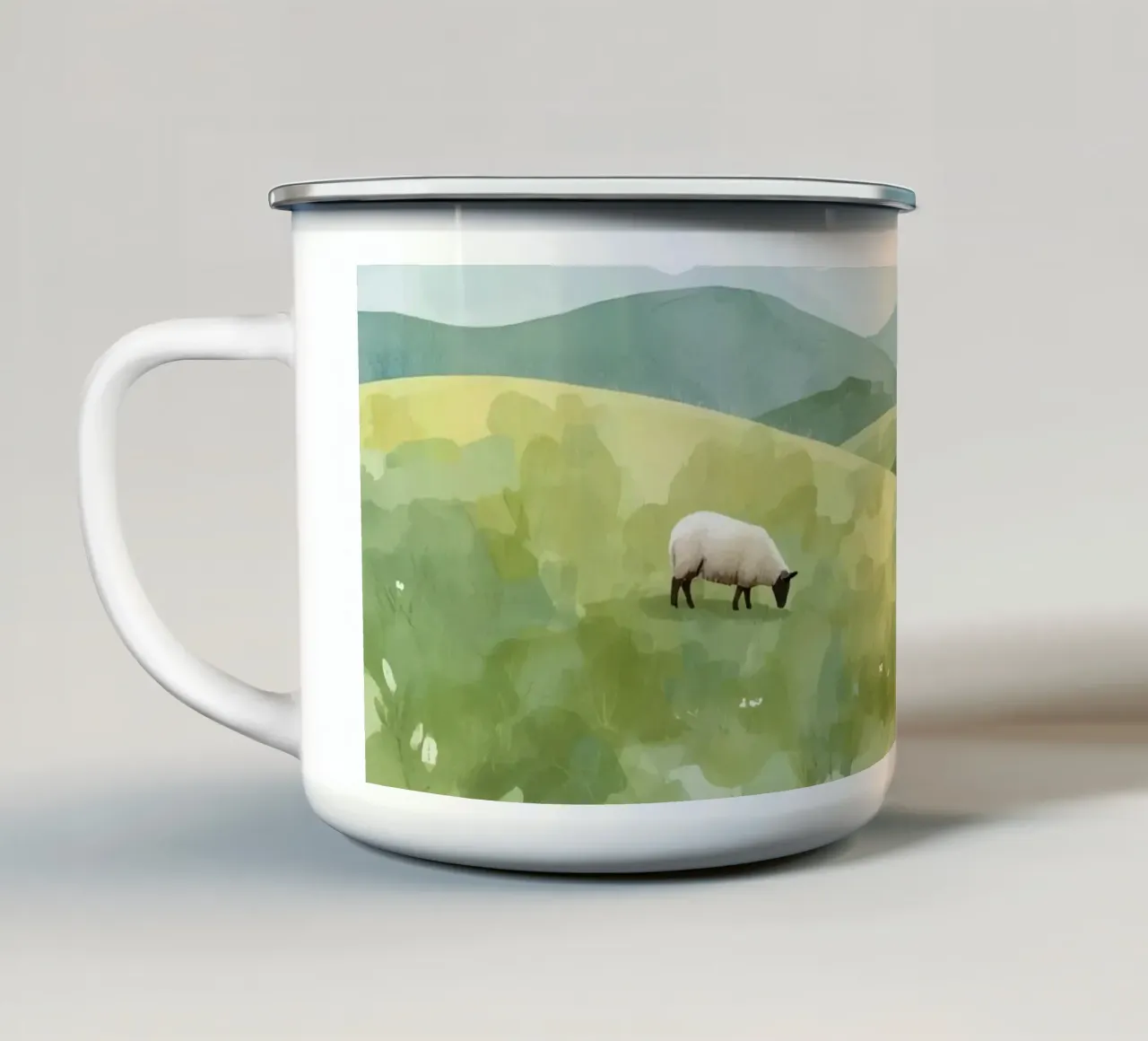 Due pecore al pascolo in un paesaggio collinare tazza in smalto da DesignDoodle