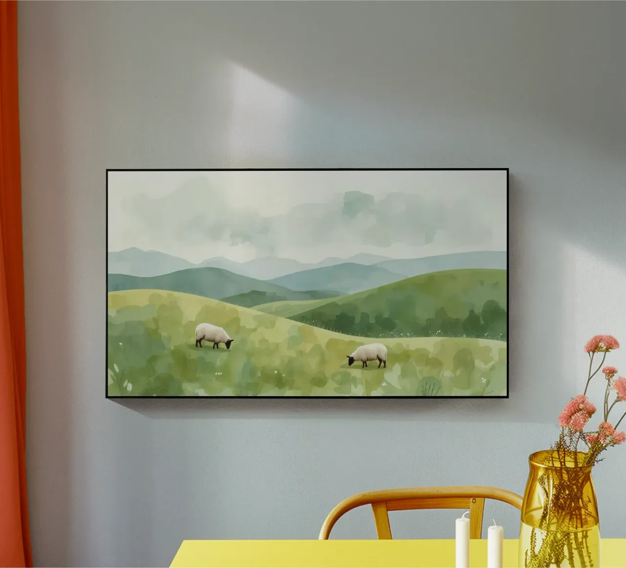 Due pecore al pascolo in un paesaggio collinare plexiglass da DesignDoodle
